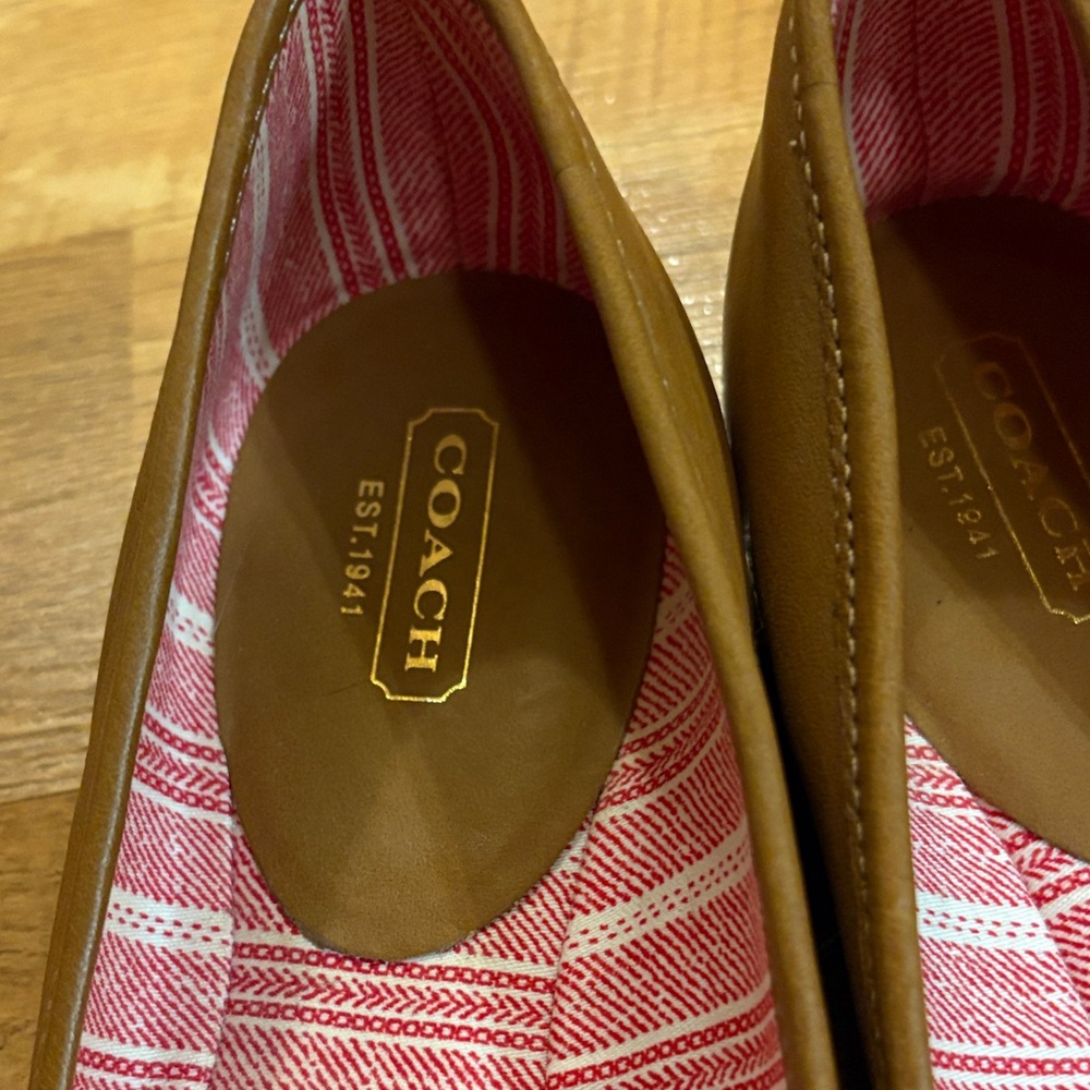 Coach Tan Leather Flats with Gold Buckles - Picture 2 of 4